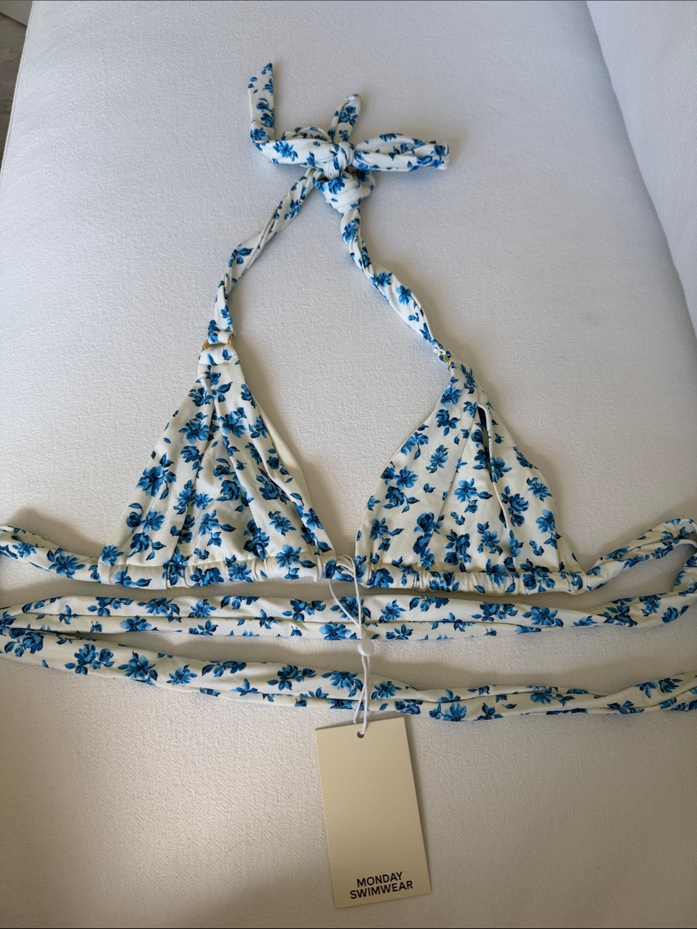 Monday Swimwear Morocco White & Blue Floral Tie Triangle Bikini Top